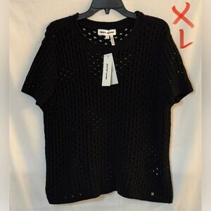 DKNY Black Short-Sleeve Eyelet Knit Top